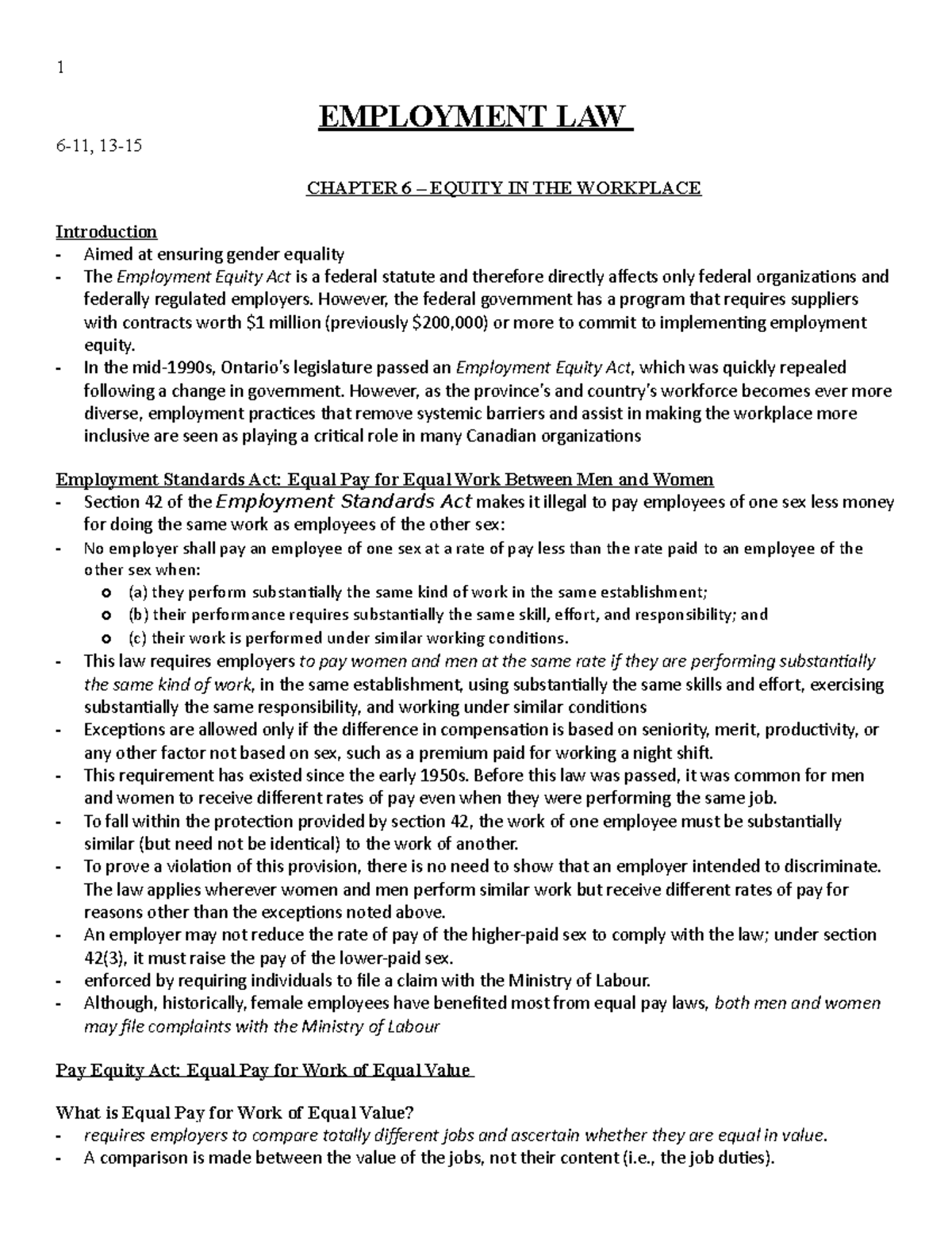 Final Exam Notes on Employment Law and Pay Equity Act (Course Code ...