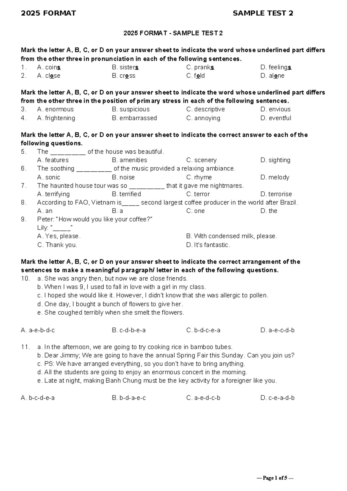 2025 FORMAT SAMPLE TEST 2: English Language Exam Practice - Studocu