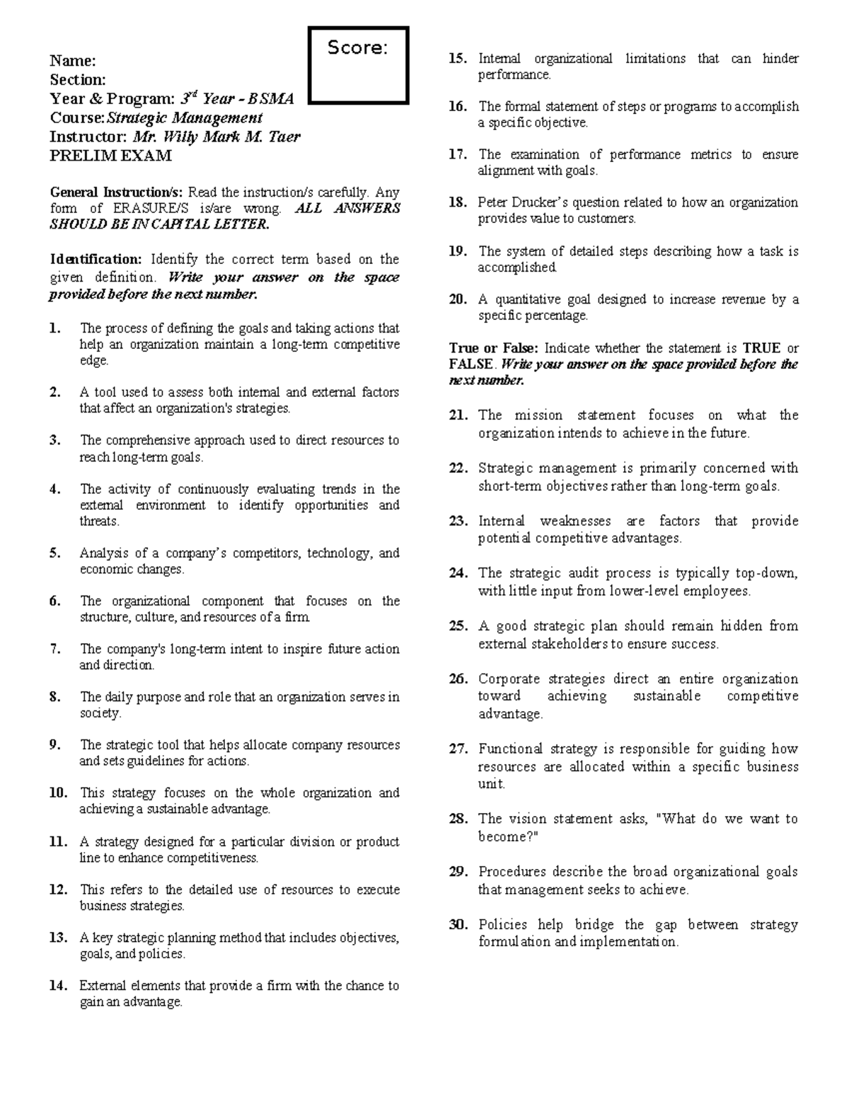 BSMA 3rd Year Strategic Management PRELIM EXAM Review Guide - Studocu
