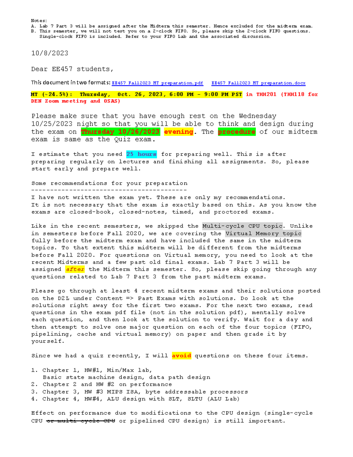 EE457 Fall2023 MT preparation - Notes: A. Lab 7 Part 3 will be assigned ...