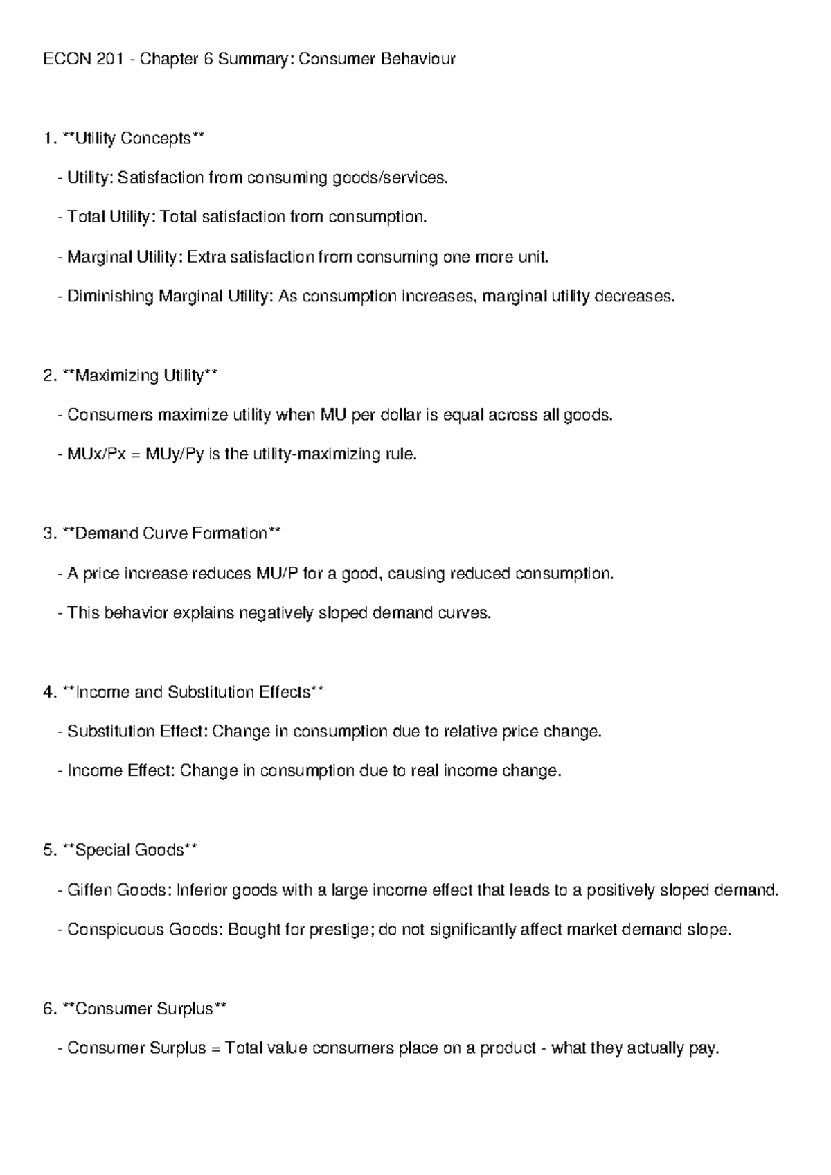 ECON 201 Chapter 6 Summary: Understanding Consumer Behavior - Studocu