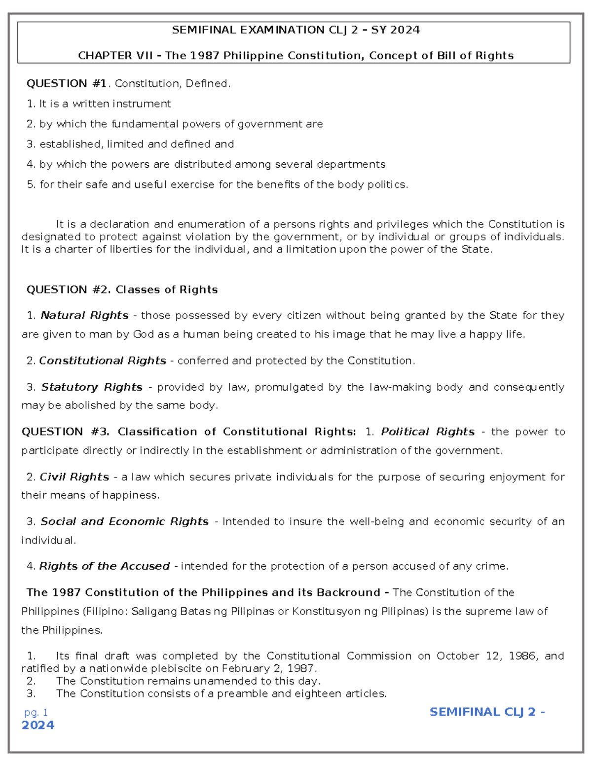 Final Exam Review: Notes on 1987 Philippine Constitution - CLJ 2 - Studocu