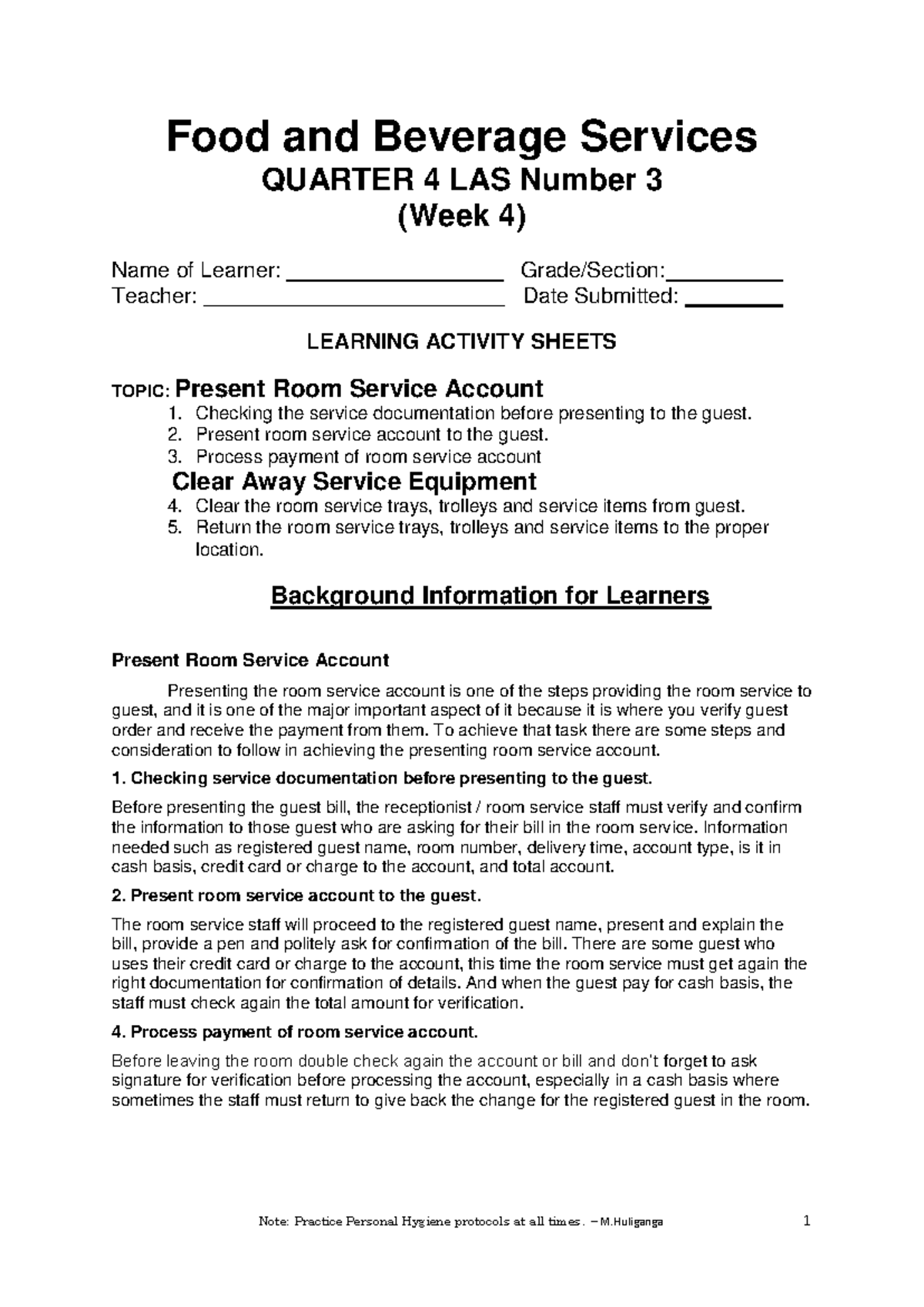 FBS Q4 LAS #3: Presenting Room Service Account & Procedures - Studocu
