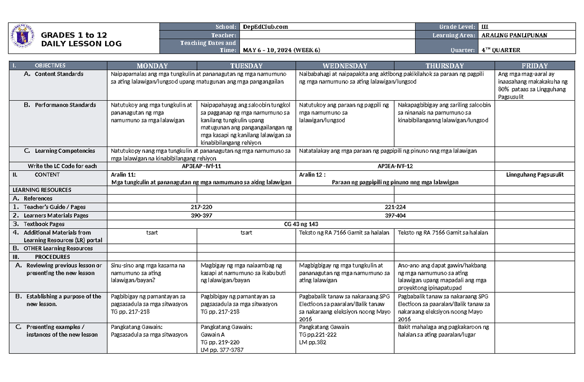 DLL Araling Panlipunan 3 Q4 W6 - GRADES 1 to 12 DAILY LESSON LOG School ...