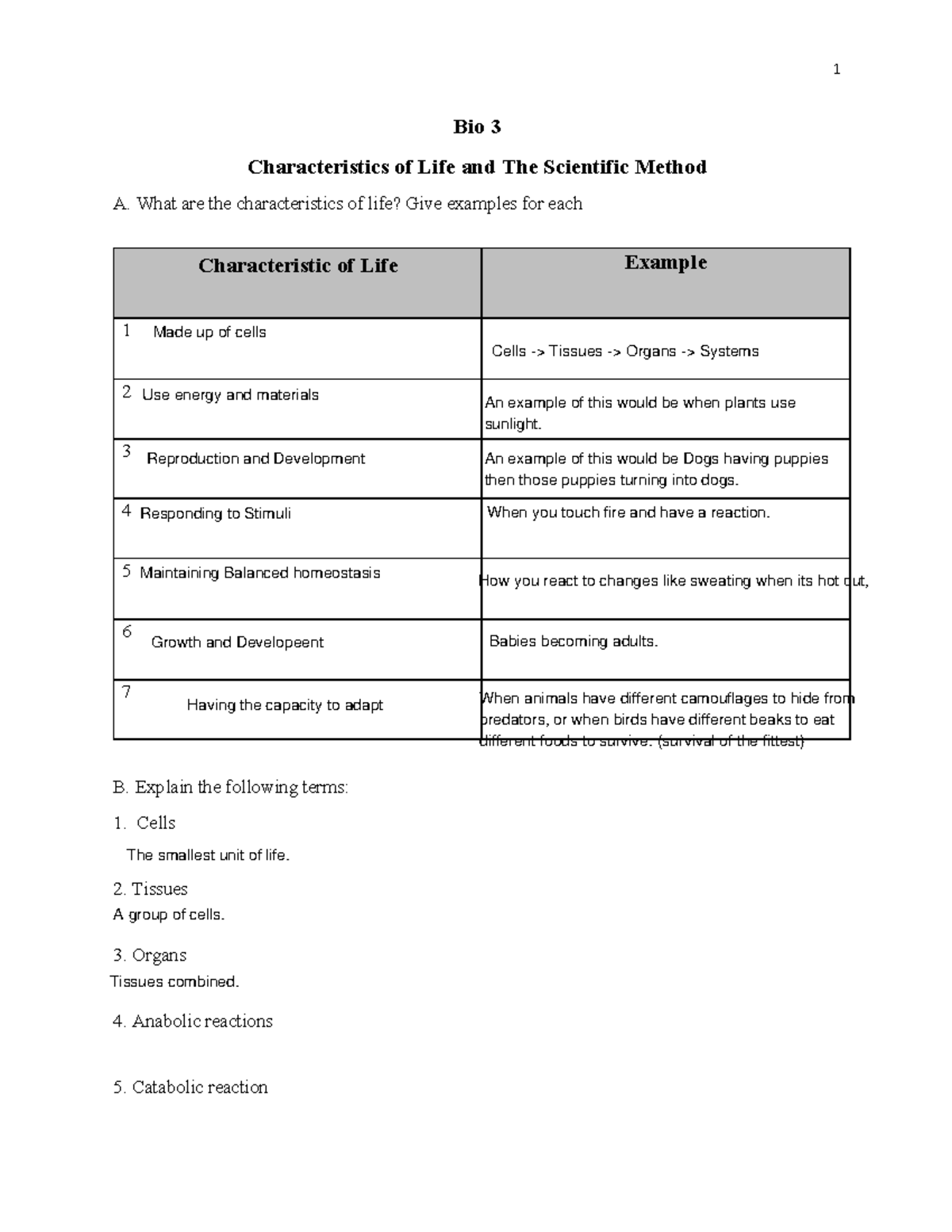 Bio 3 - Review Sheet: Characteristics of Life & Scientific Method - Studocu