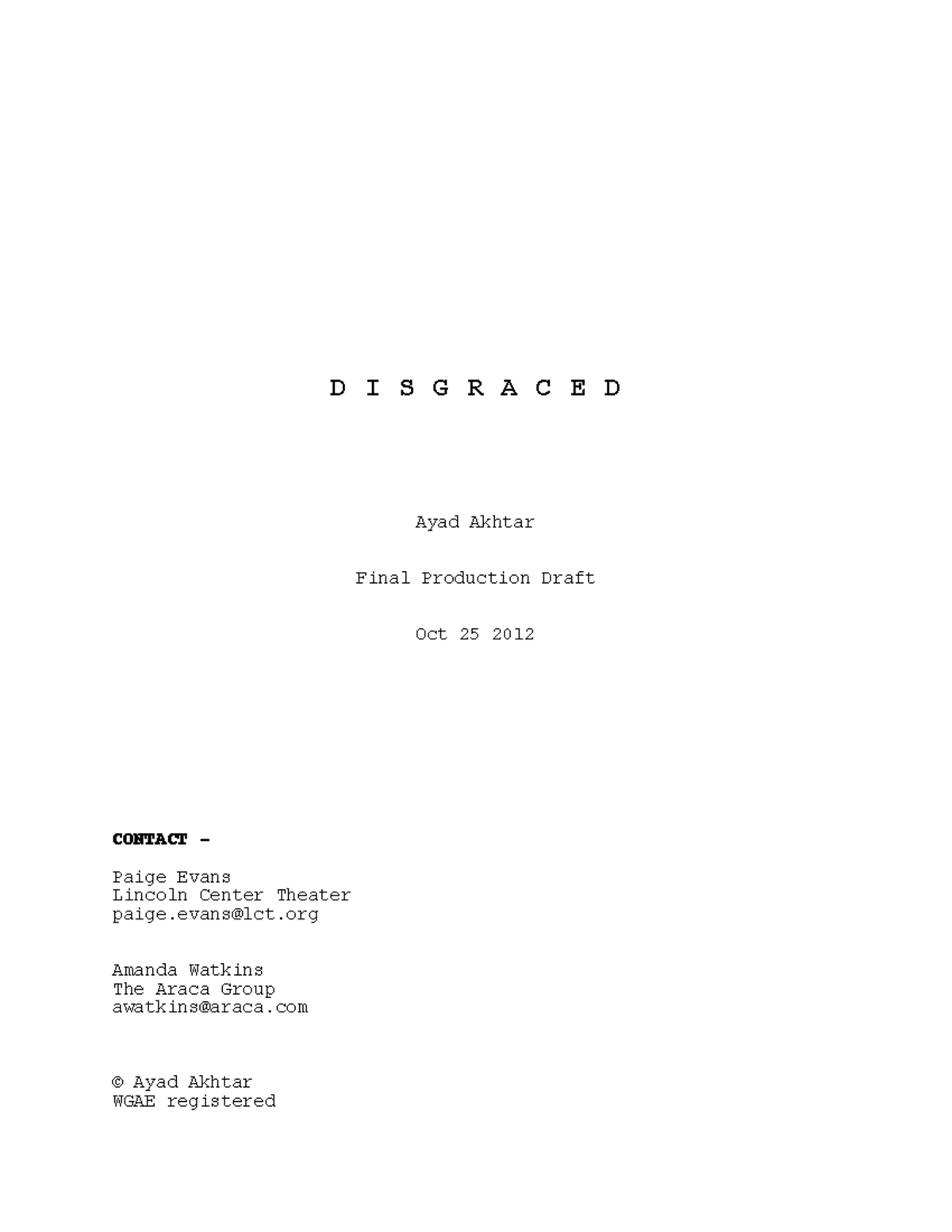 Disgraced - Ayad Akhtar - Final Production Draft - Oct 25, 2012 - D I S ...