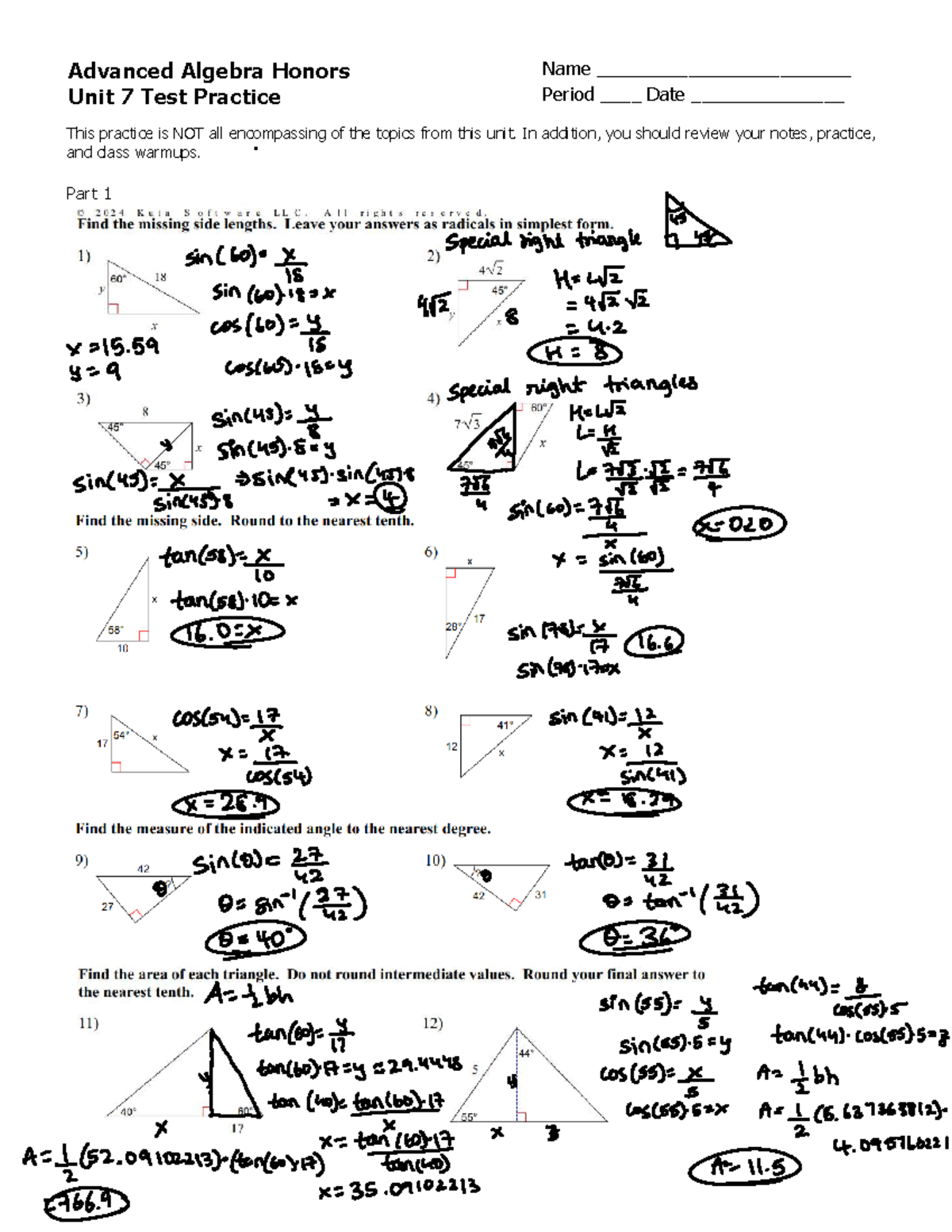 Advanced Algebra Honors Unit 7 Test Practice - Key Concepts & Problems ...