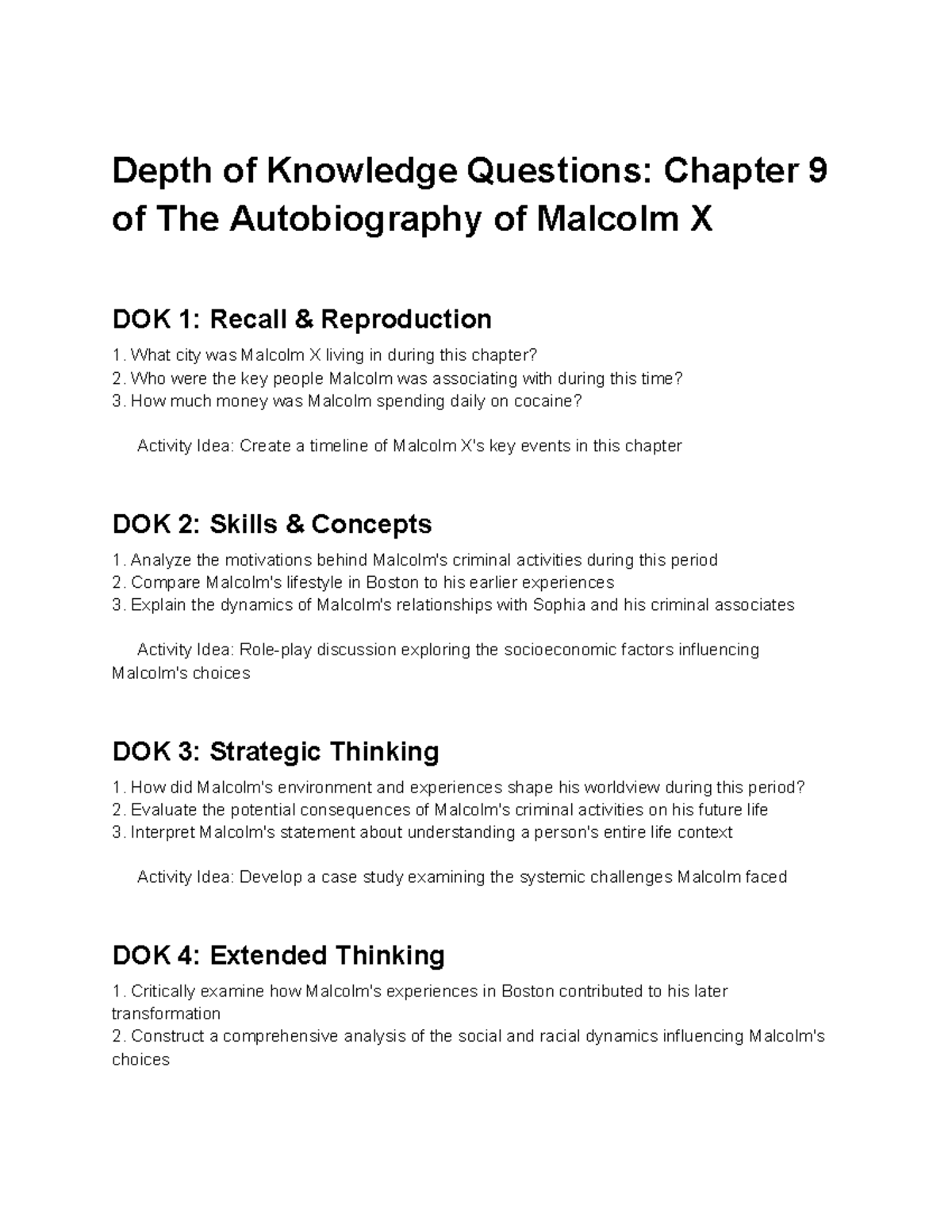 Depth of Knowledge Questions: Chapter 9 Analysis of Malcolm X - Studocu