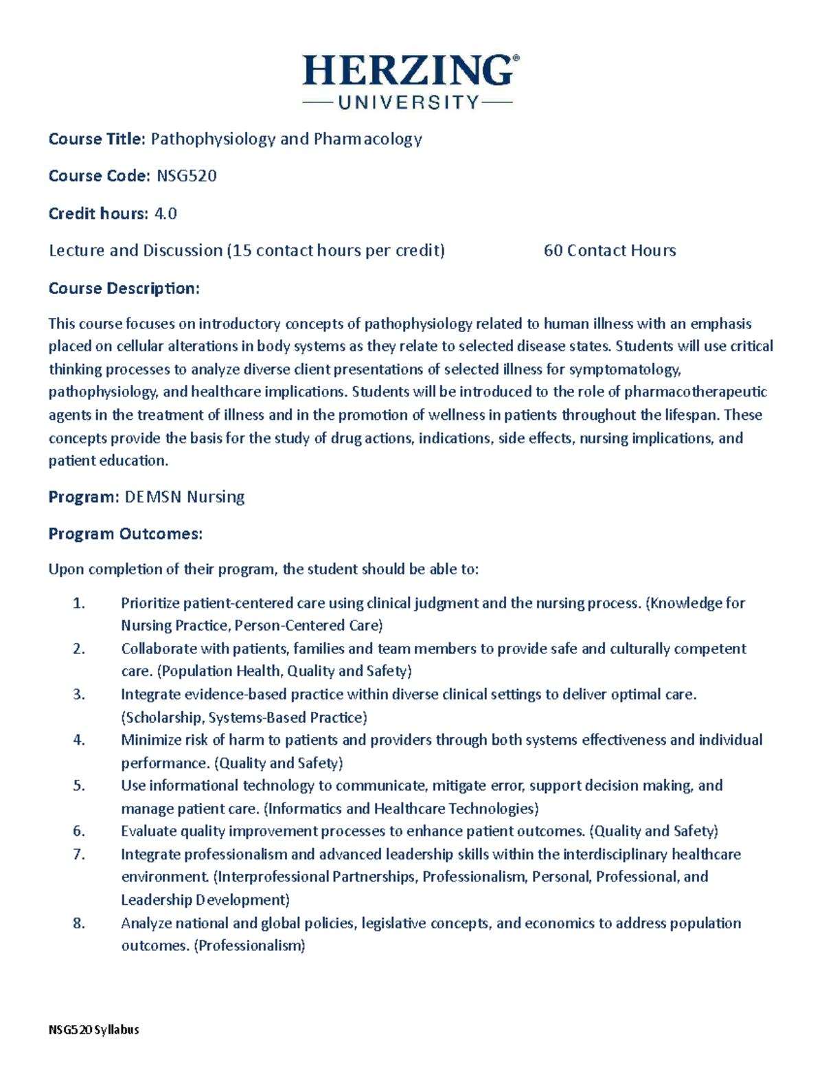 NSG520 Pathophysiology & Pharmacology Course Syllabus Overview - Studocu