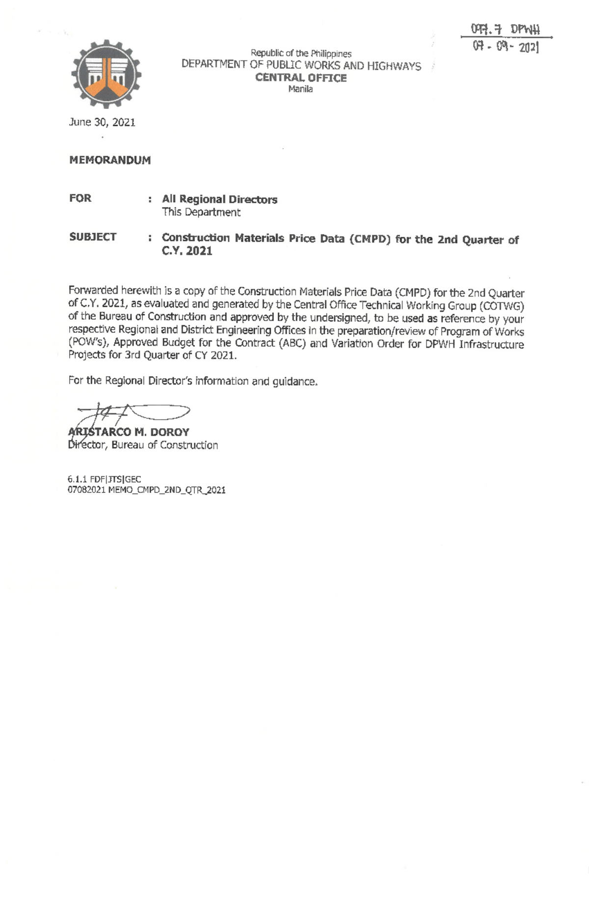 Memo 097.7 CMPD Construction Materials Price Data Q2 CY 2021 - Studocu