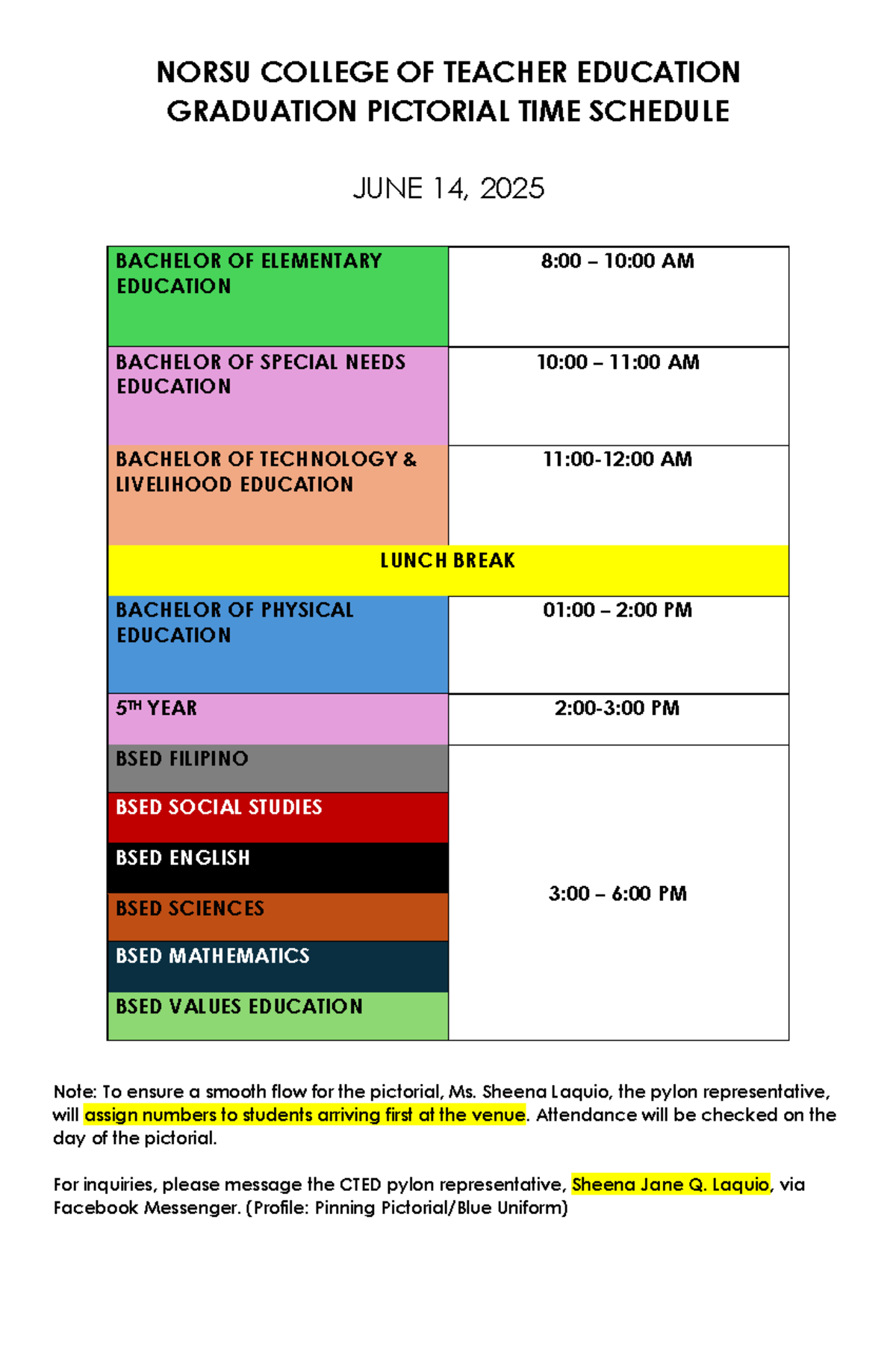 CTED Graduation Pictorial Time Schedule - June 14, 2025 - Studocu