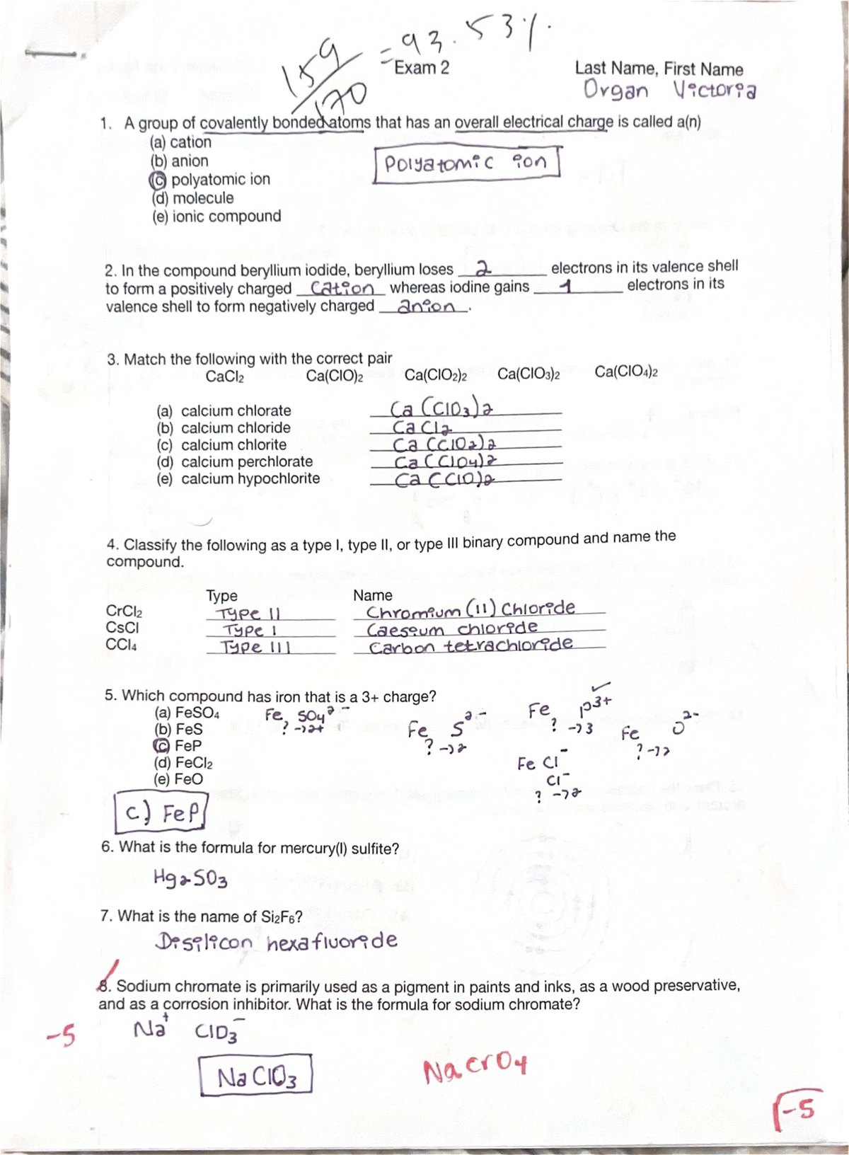 Exam 2 - Chemistry Concepts and Reactions (Course Code: 159 70 93 ...