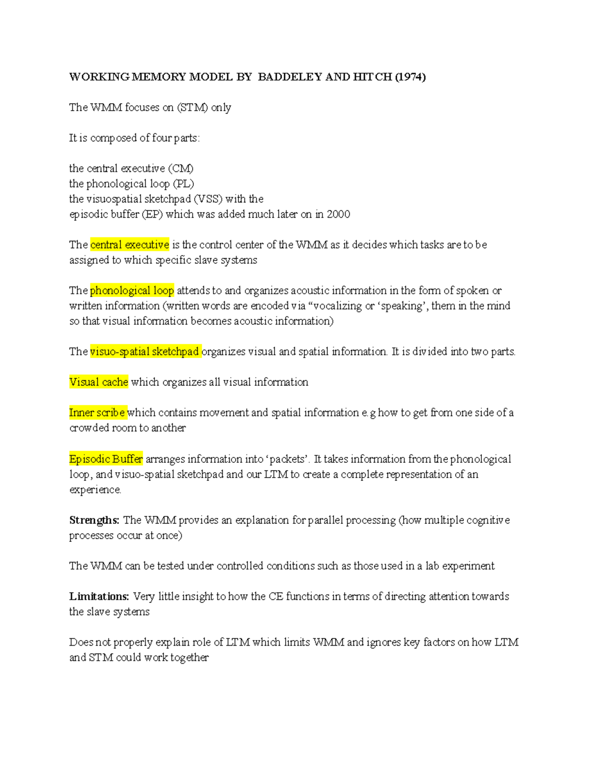 WMM Summary: Baddeley & Hitch Model Overview and Study Insights - Studocu