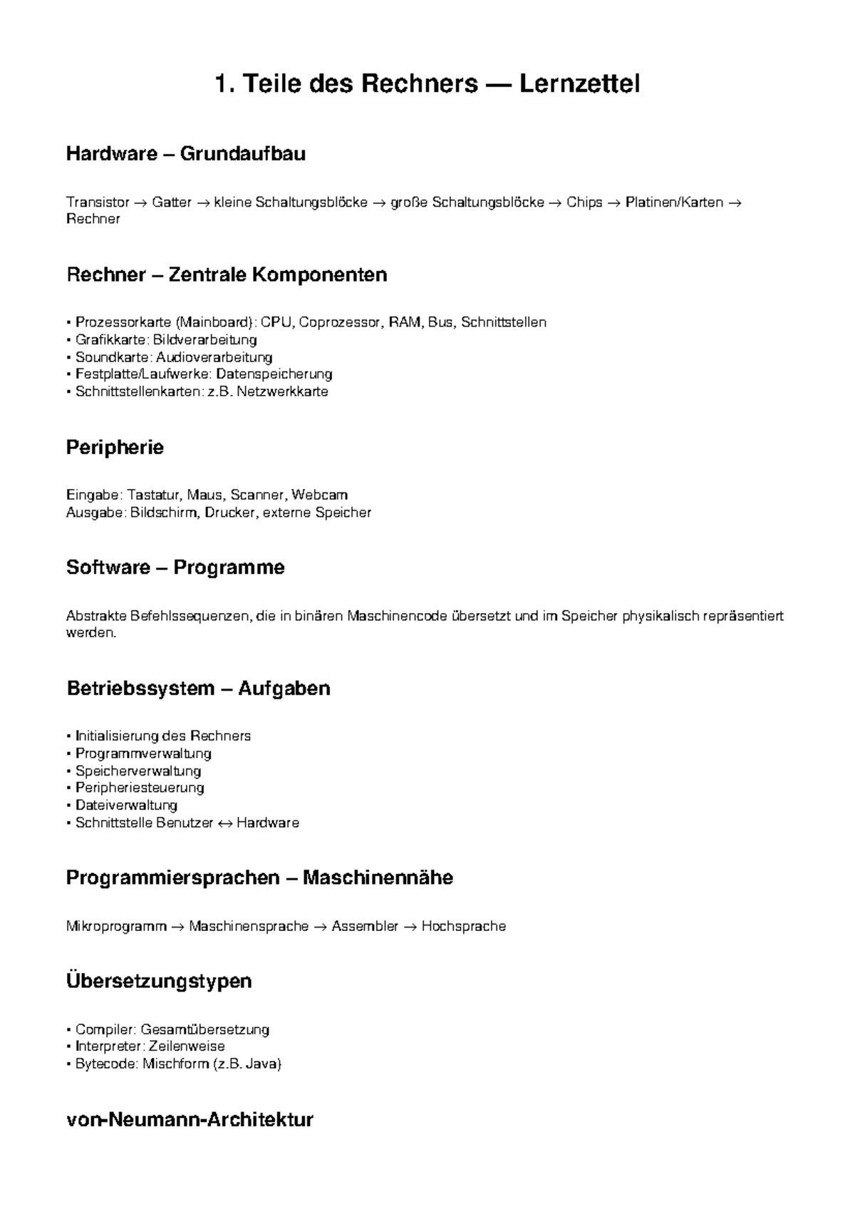 VL14: Zusammenfassung zum Rechneraufbau und Peripheriegeräten - Studocu