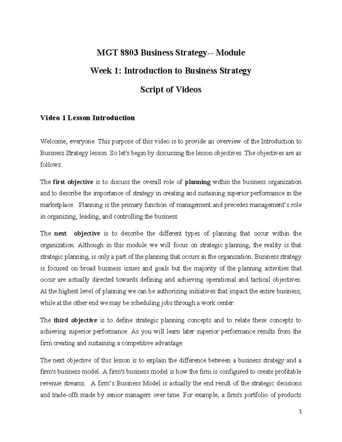 Week 10 Business Strategy-Intro Video Scripts - MGT 8803 Business ...