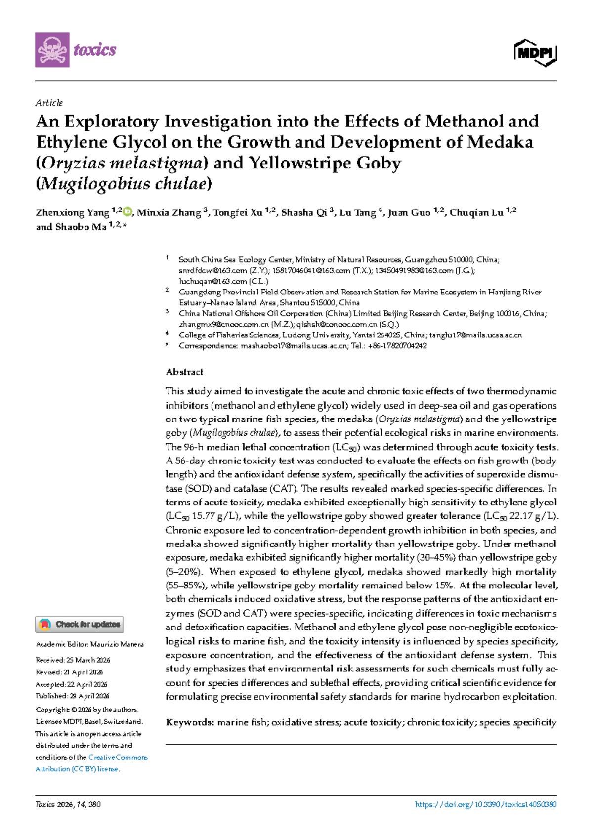 Exploratory Study on Methanol and Ethylene Glycol Toxicity in Marine ...