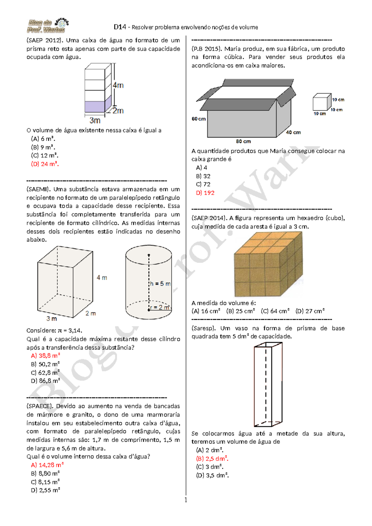 D14 (9º ANO - Mat.) - Questões de Volume e Capacidade com Gabarito ...