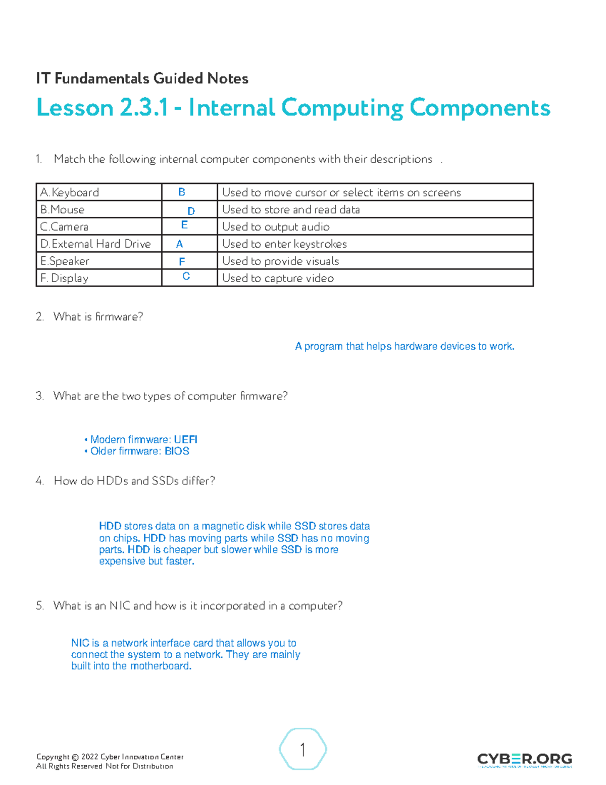 ITF 2.3 - Guided Notes on Internal Computing Components - Studocu