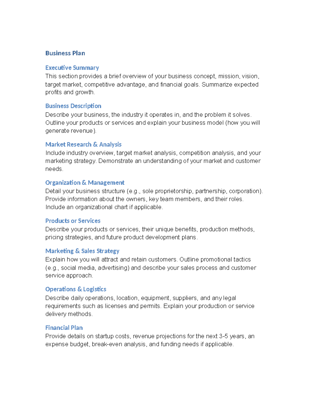 Comprehensive Business Plan Template for Successful Ventures - Studocu