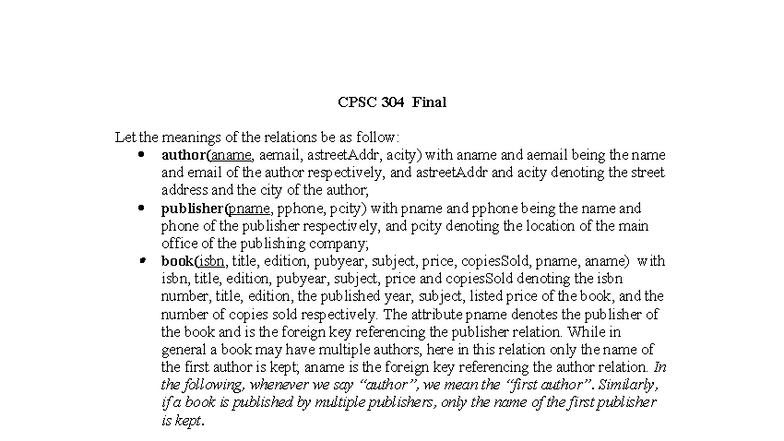 CPSC 304 Final Exam 2020 Long Answer Solutions - Studocu