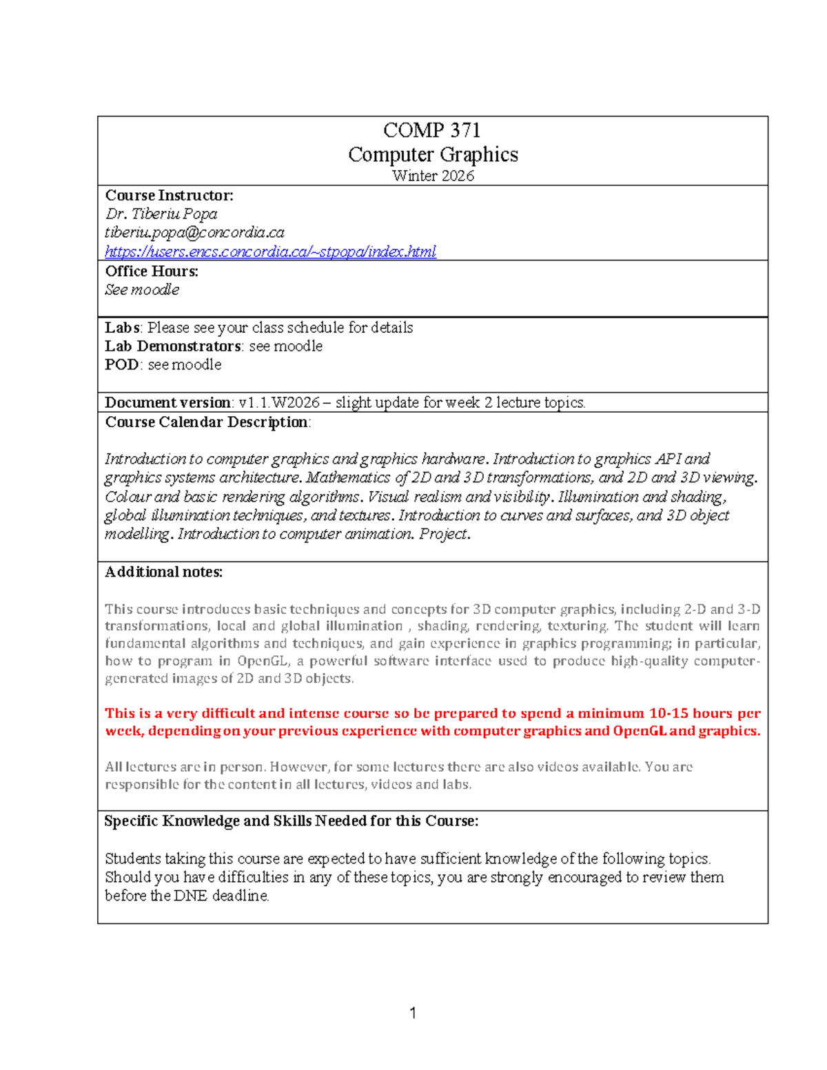 COMP 371 Computer Graphics Course Outline W2026 - Week 2 Updates - Studocu