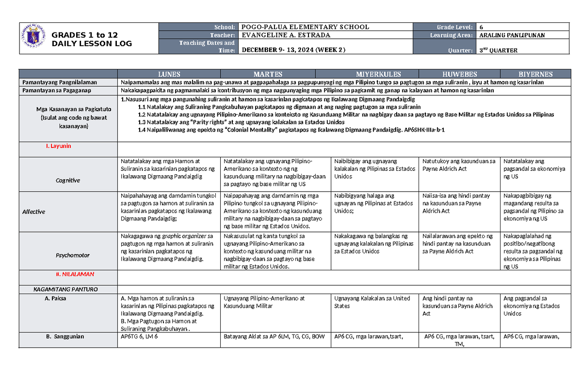 DLL Araling Panlipunan 6 Q3 W1 - GRADES 1 to 12 DAILY LESSON LOG School ...