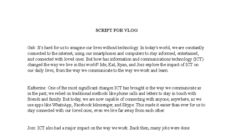SCRIPT FOR VLOG: Impact of ICT on Daily Life - WSEDFDS - Studocu