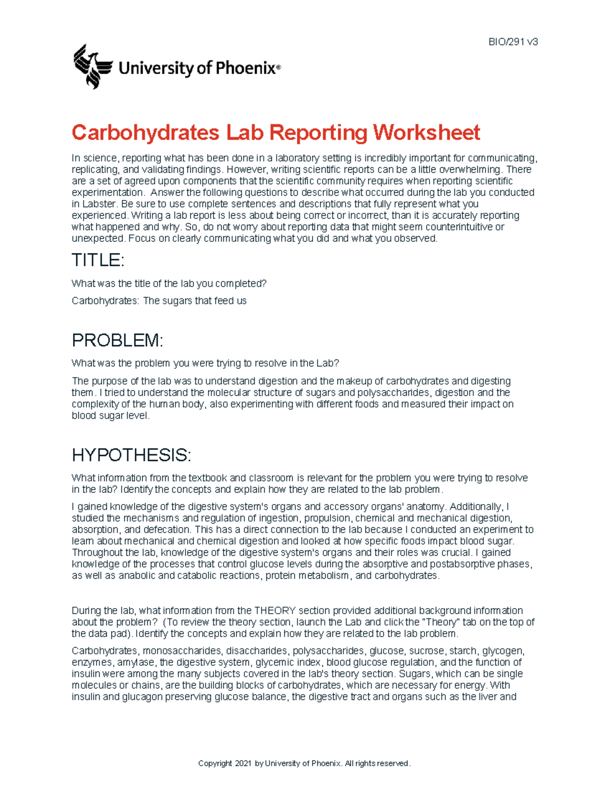 Bio291 v3 wk4 the carbohydrates lab report - BIO/291 v Carbohydrates ...