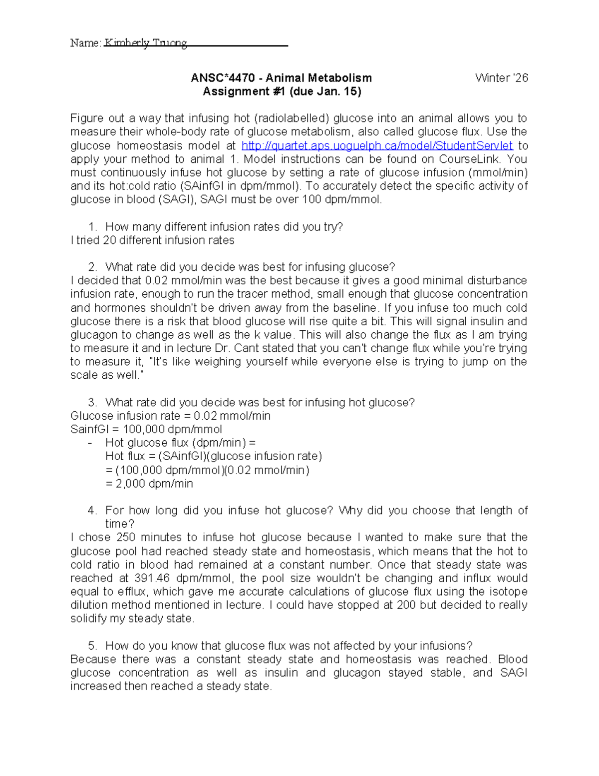 ANSC 4470 Animal Metabolism Assignment: Glucose Infusion Study - Studocu