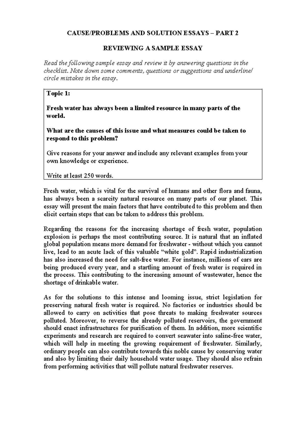 AND SOLUTION ESSAYS PART 2: REVIEWING A SAMPLE ESSAY ON FRESH WATER ...