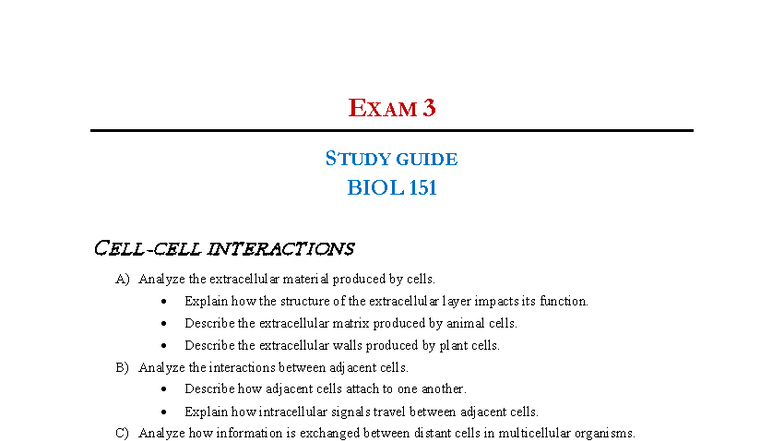 Exam 3 Study Guide: Cell Interactions, Cycle, Meiosis & Genetics - BIOL ...