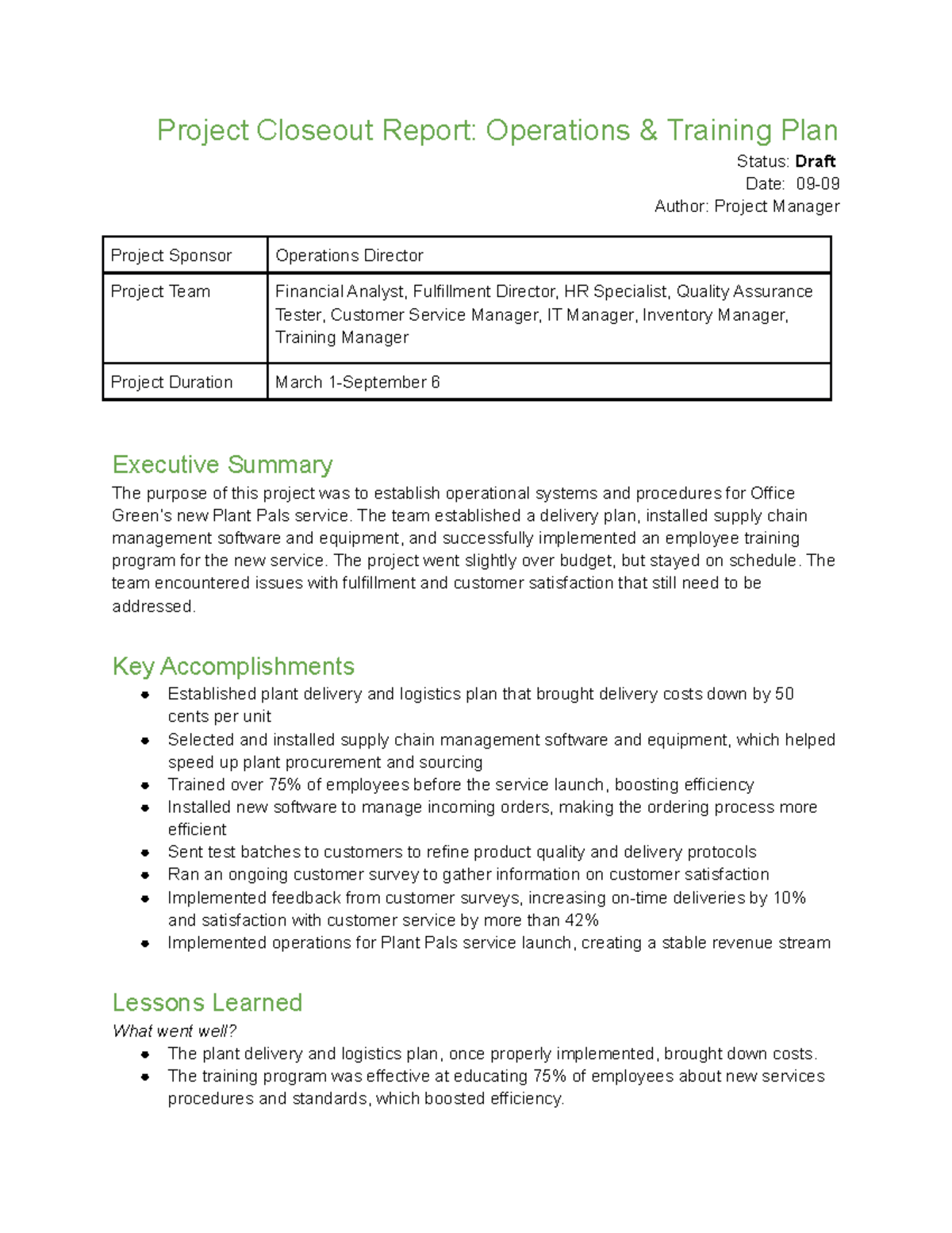 Project Closeout Report: Operations & Training Plan (Draft) - Studocu