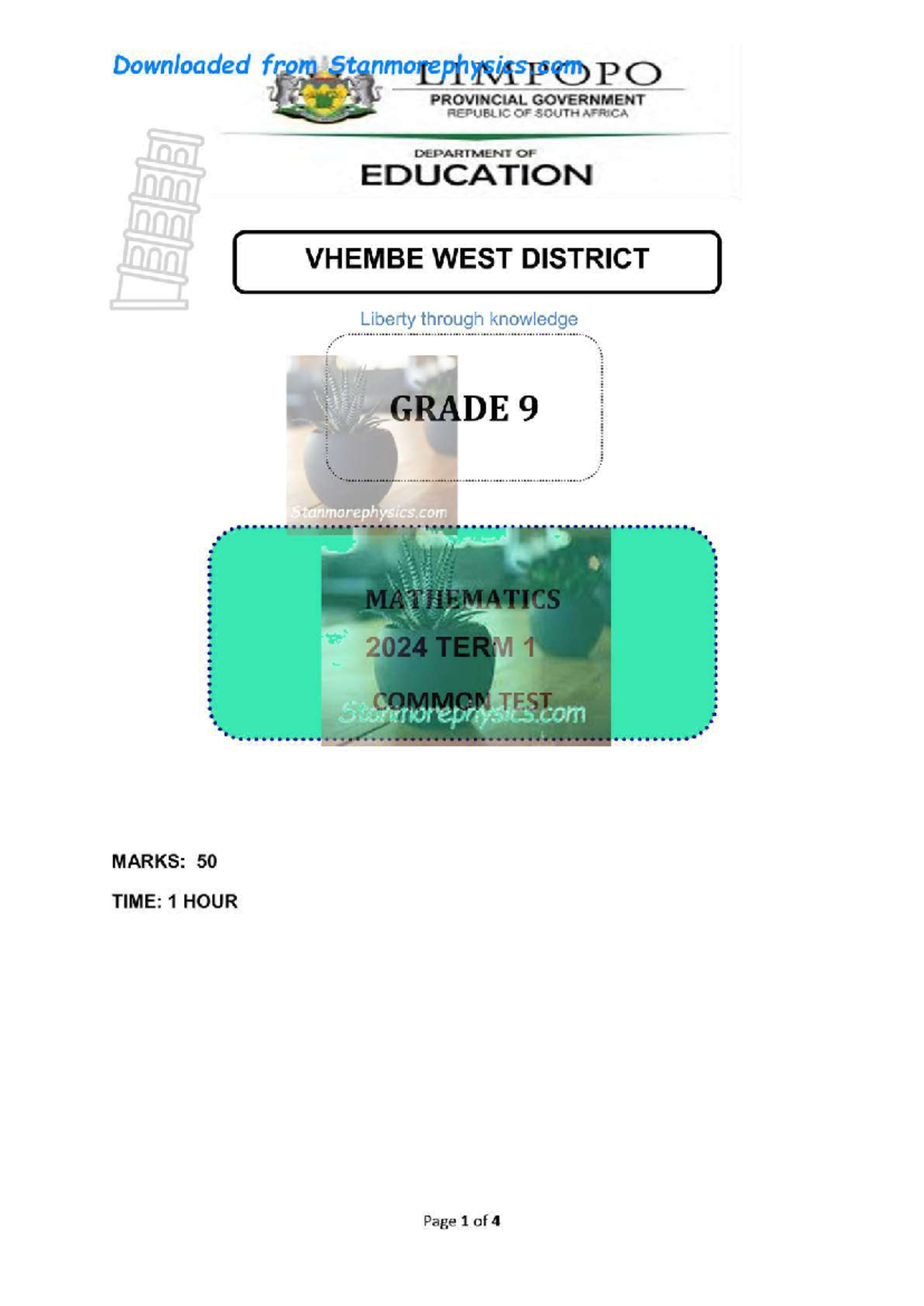 Math Grade 9 Common Test: Exponents & Patterns (50 Marks) - Studocu