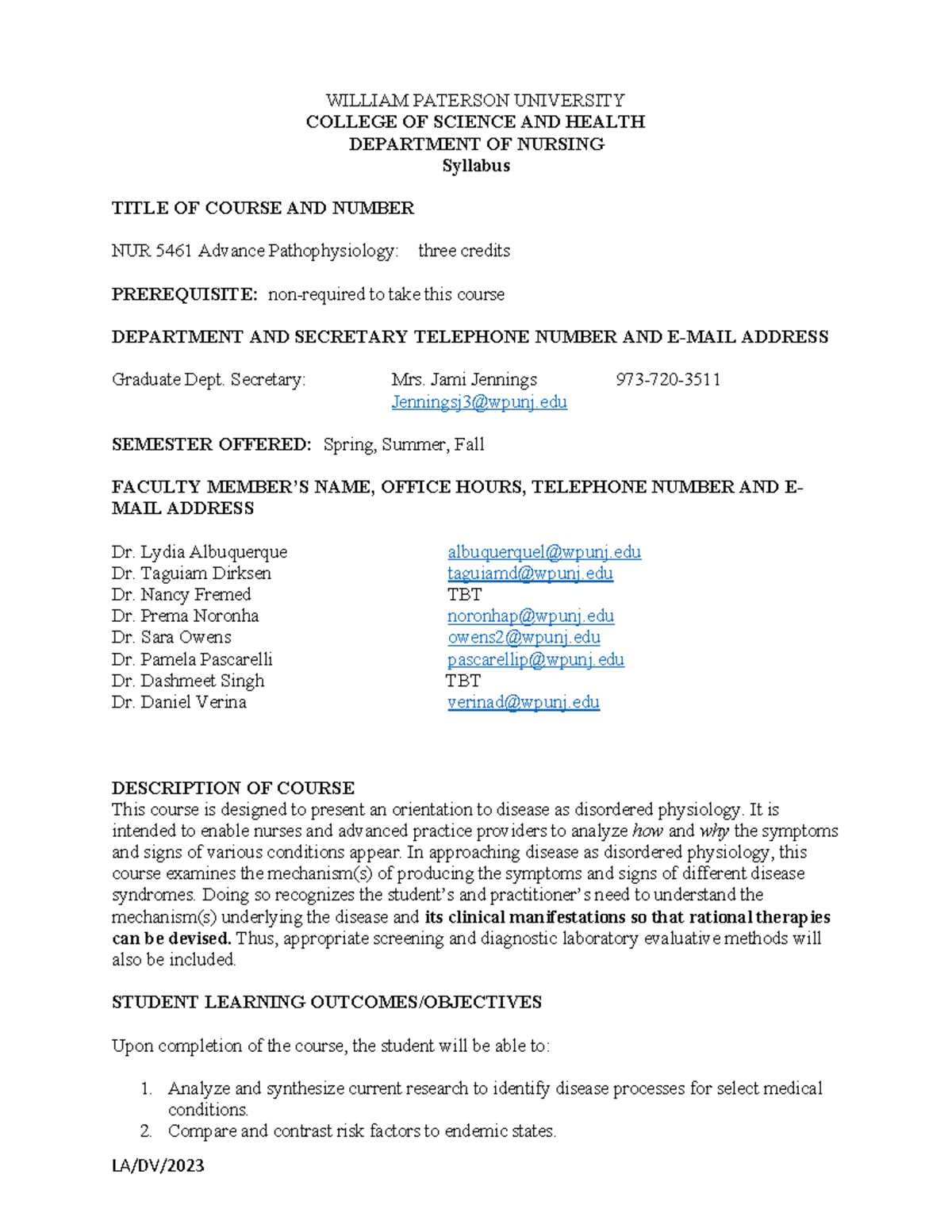 NUR 5461 Online Course Syllabus: Advanced Pathophysiology Overview ...