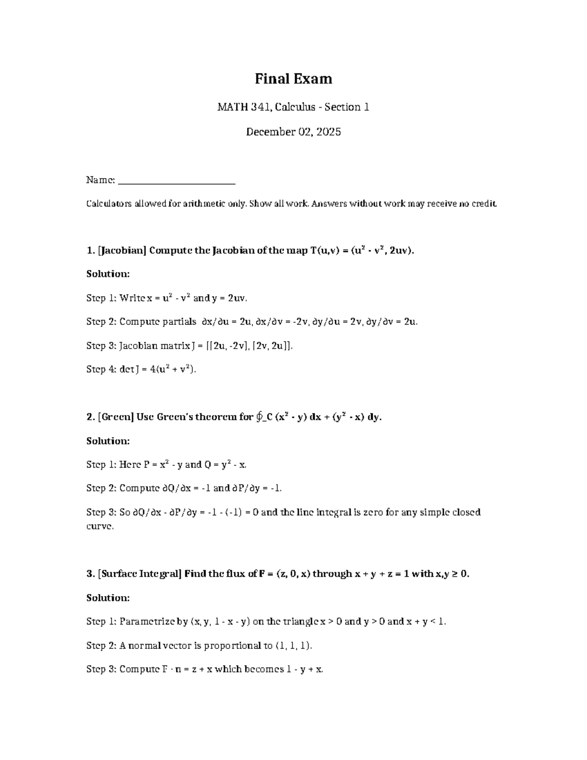 Final Exam Solutions for MATH 341, Calculus Section 1 - Studocu
