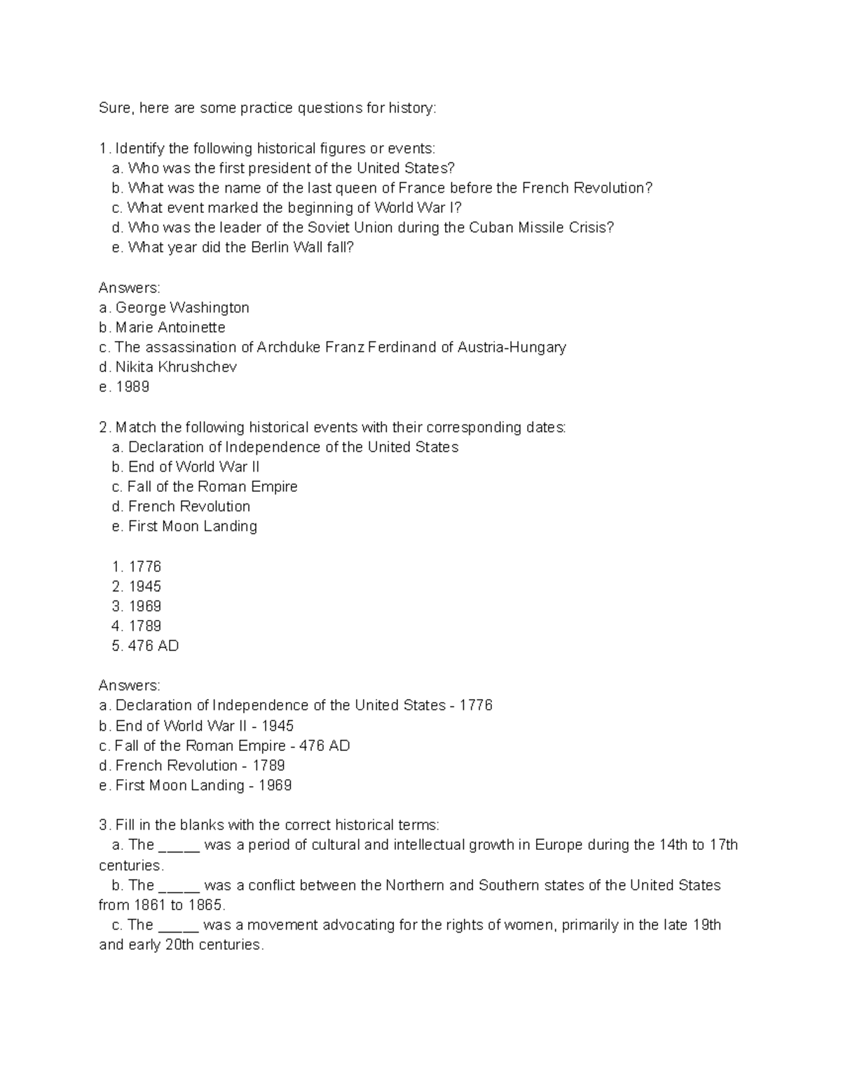 History Practice Questions and Answers for Study - Studocu