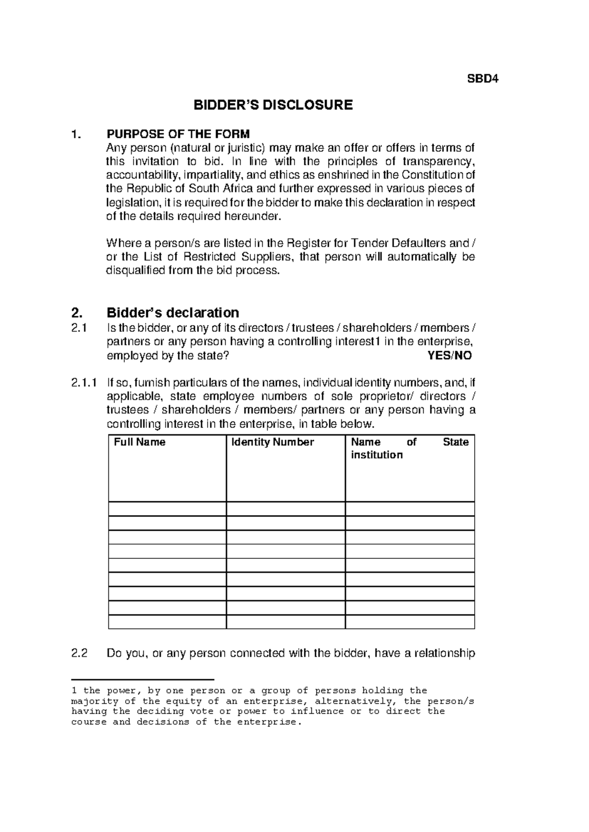 SBD4 Disclosure Form for Bidders: Transparency & Ethics - Studocu
