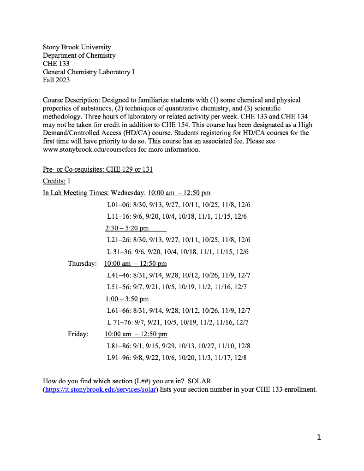 CHE 133.30 General Chemistry Lab I Syllabus - Fall 2023 - Studocu