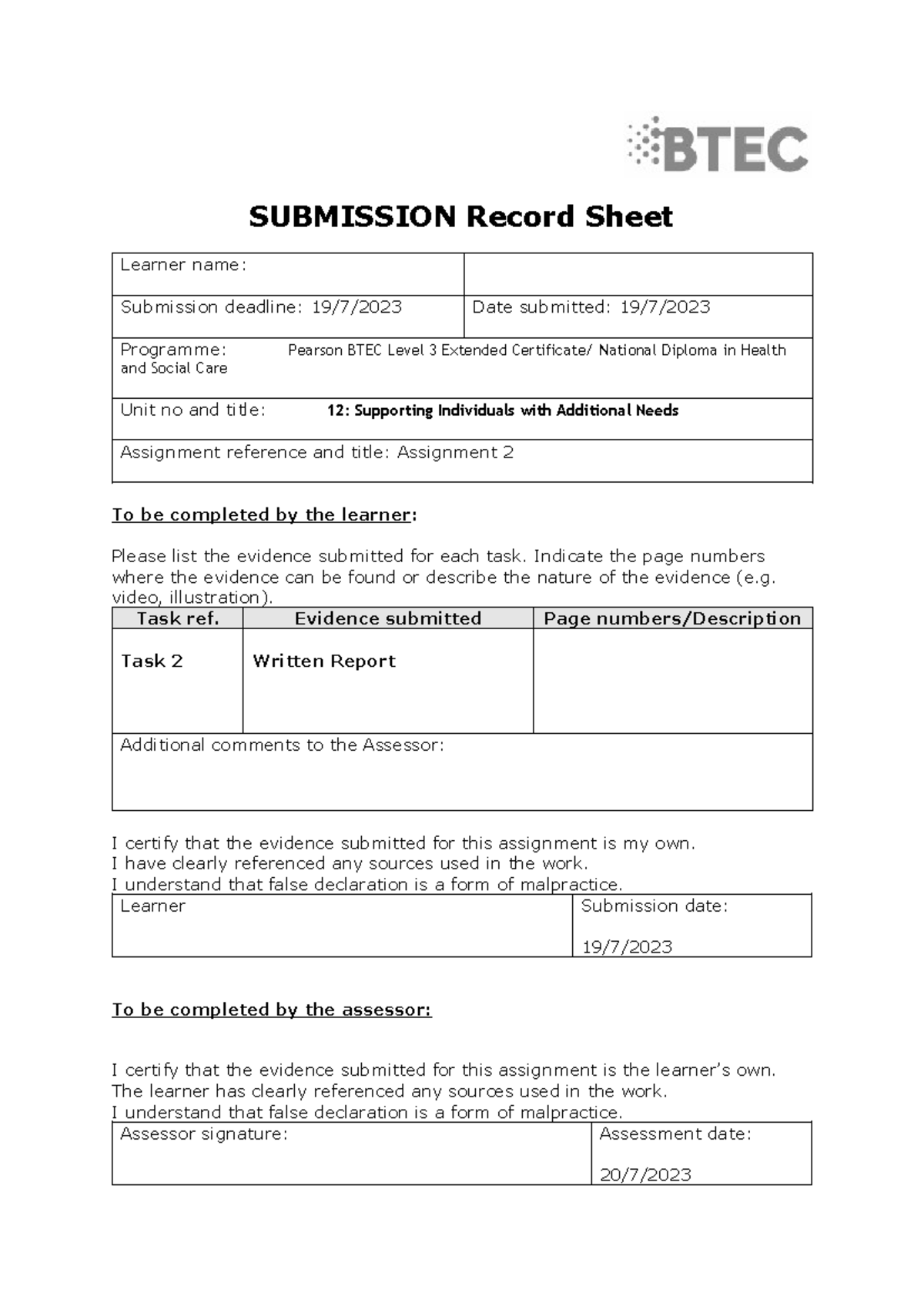 Health & Social Care Unit 12: Assignment 2 Submission Guide - Studocu