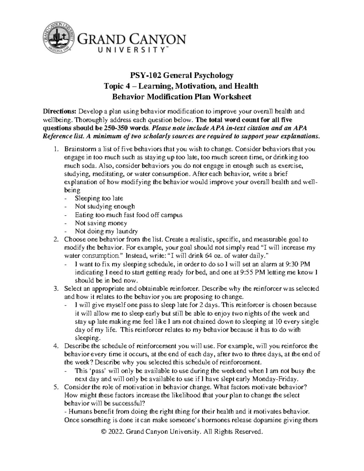 PSY-102 Behavior Modification Plan for Health Improvement - Studocu