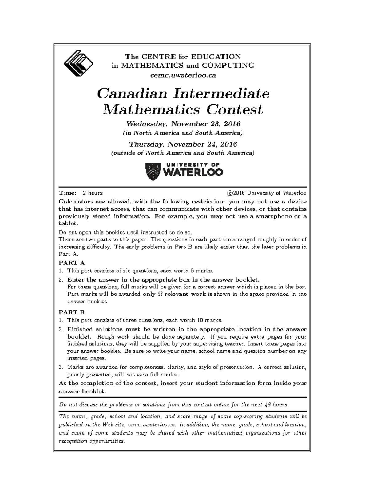 2016 CIMC - Canadian Intermediate Math Contest Overview - Studocu