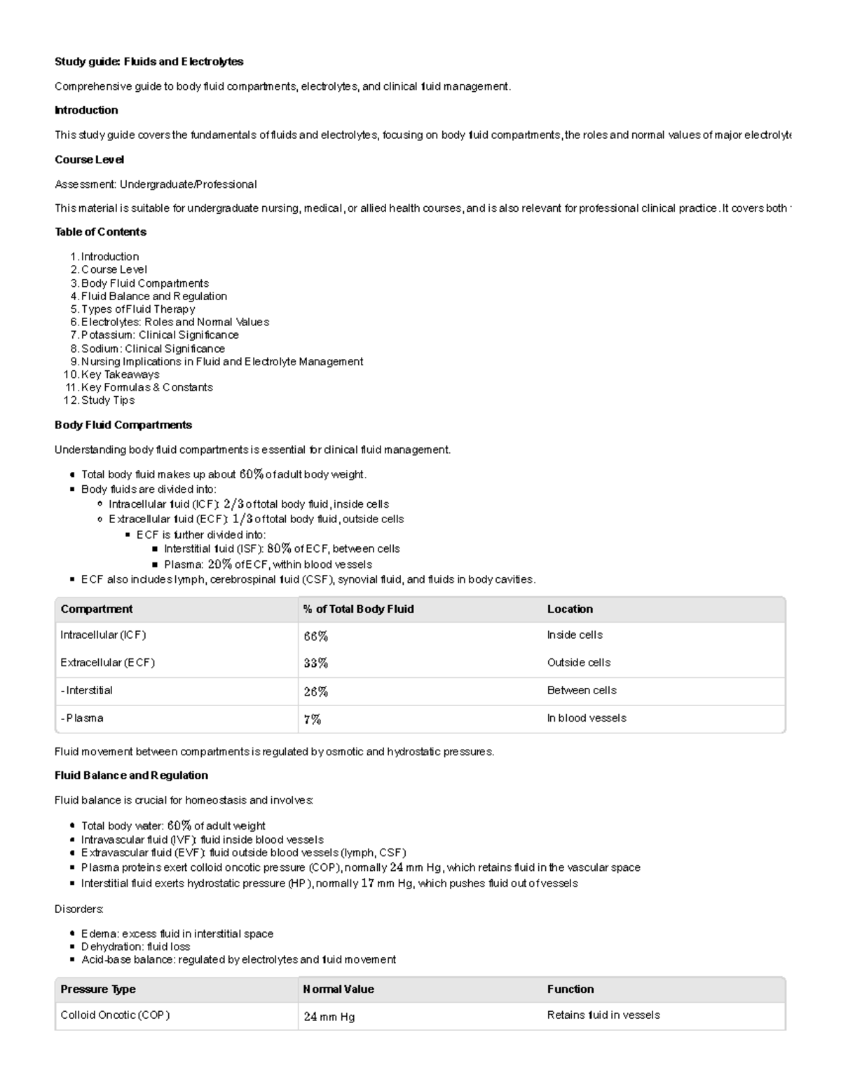 Study Guide: Fluids and Electrolytes - Studocu