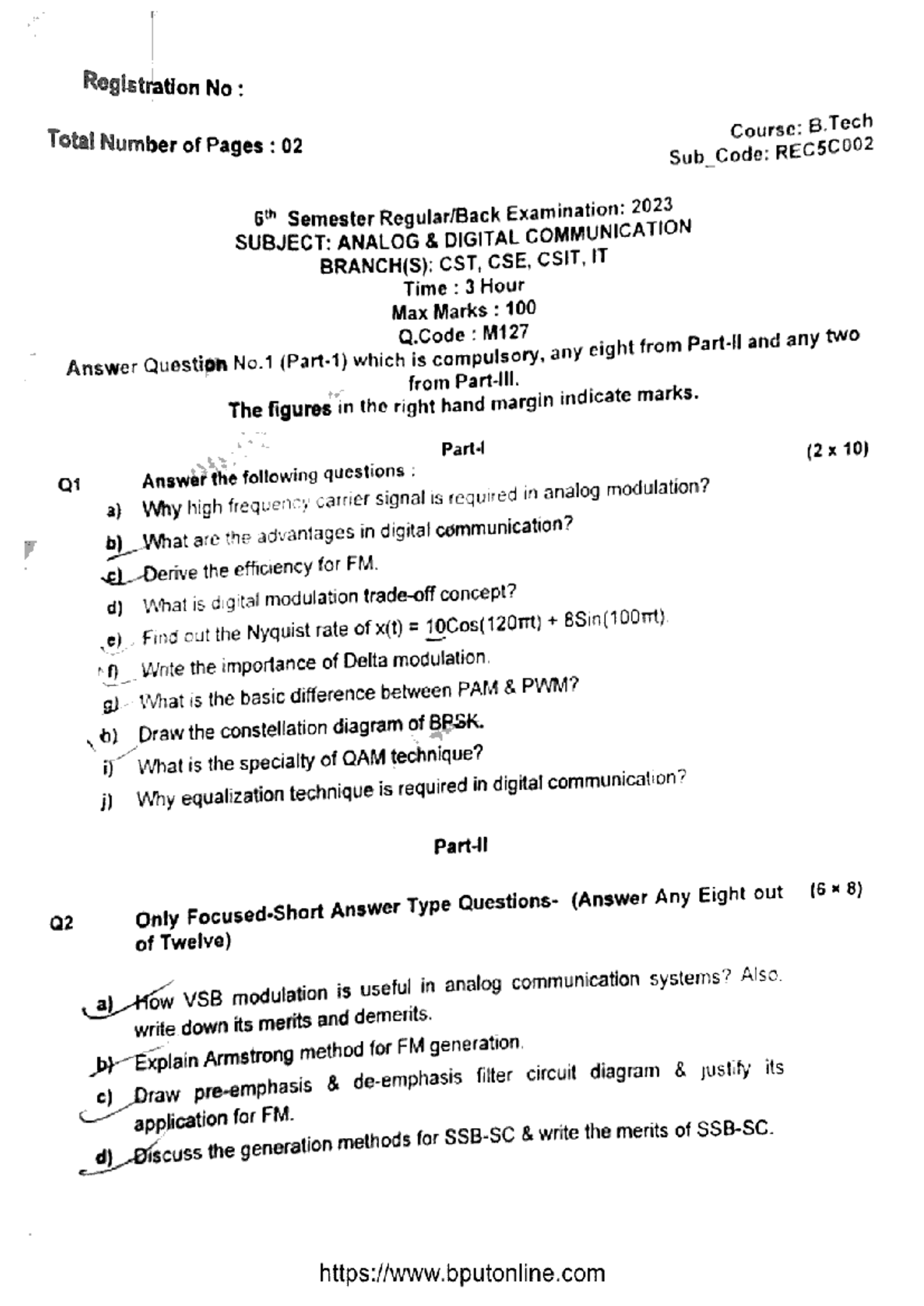Btech cst cse csit it 6 sem analog and digital communication rec5c002 ...
