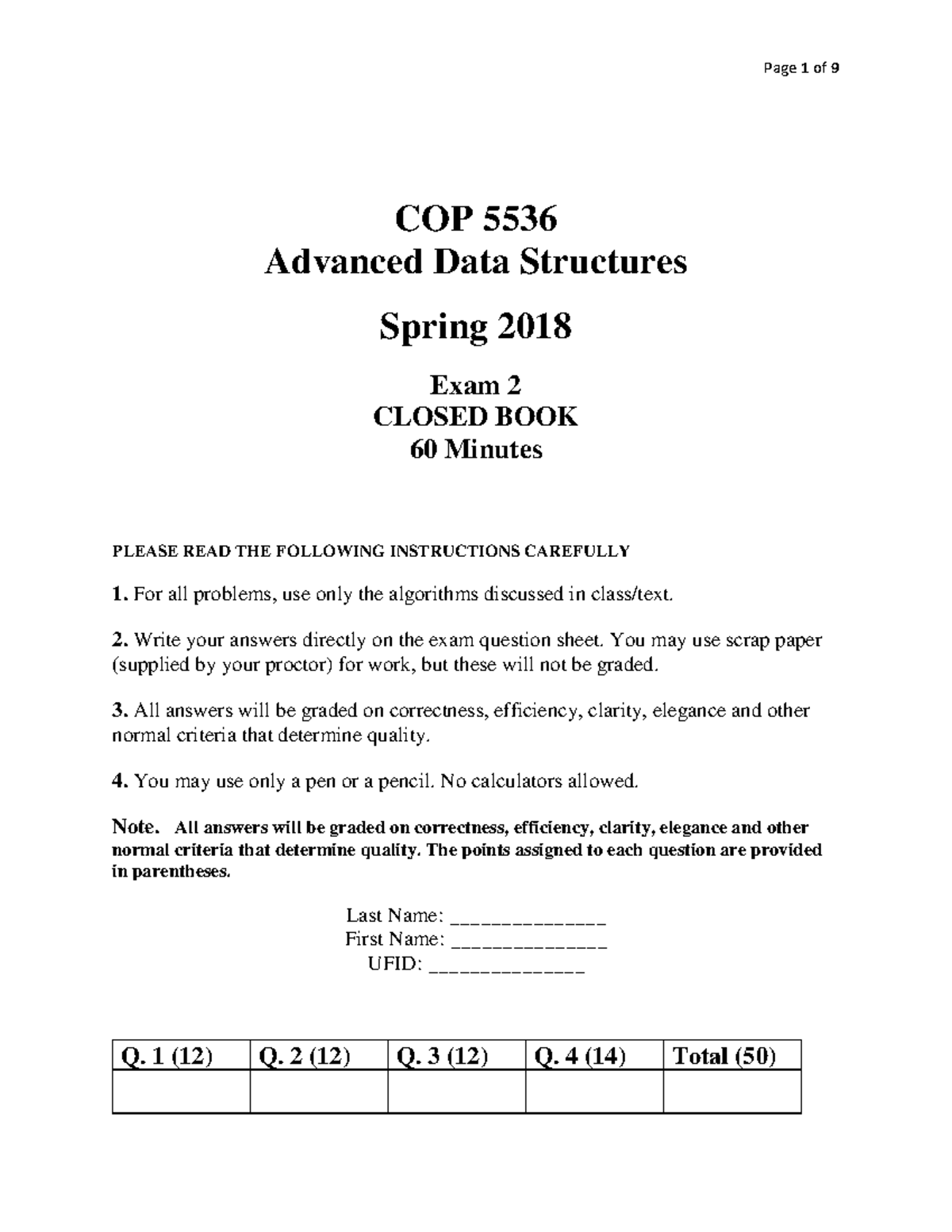 2018 spring exam2 - Sample exam - COP 5536 Advanced Data Structures ...