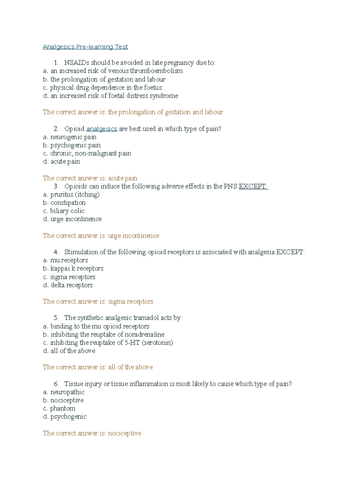 Analgesics Pre-Practice Quiz for Pain Management (PHAR 200) - Studocu