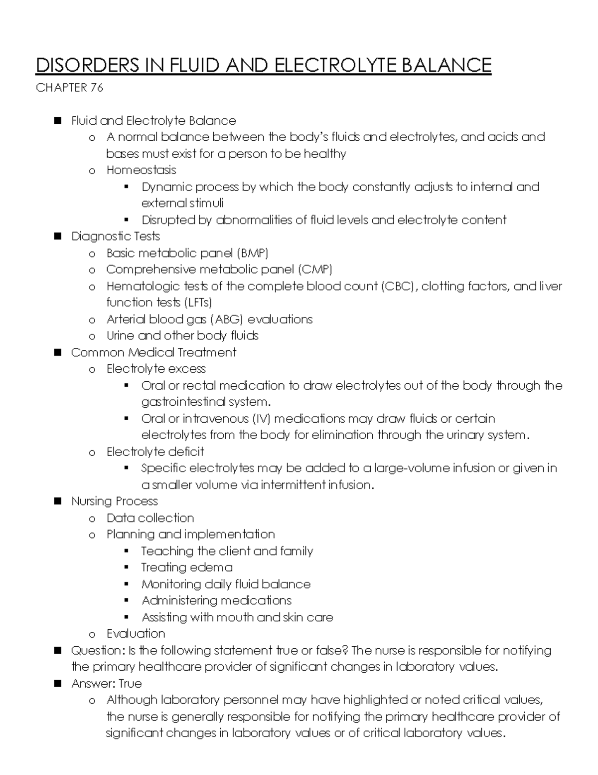 Chapter 76 - Fluid and Electrolyte Balance Overview for Exam 1 - Studocu