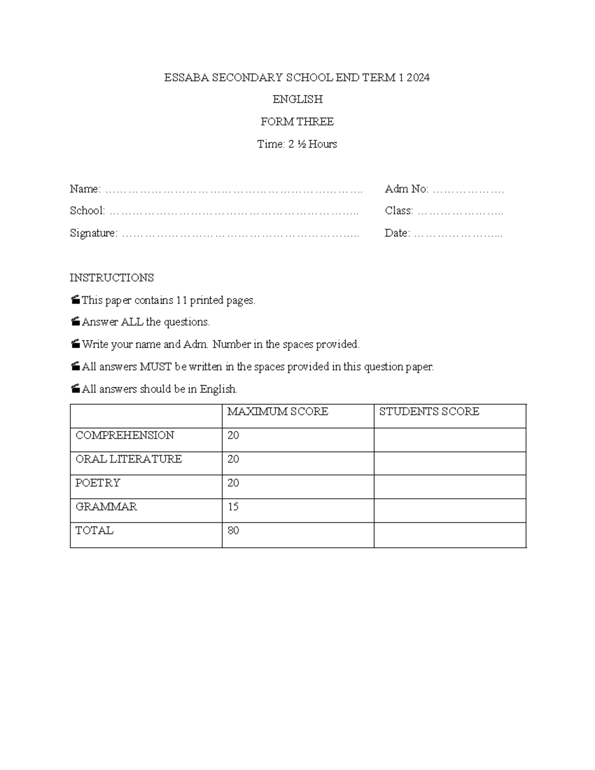 Essaba Sec. Sch. Form 3 ENGLISH End Term 1 Exam 2024 - Studocu