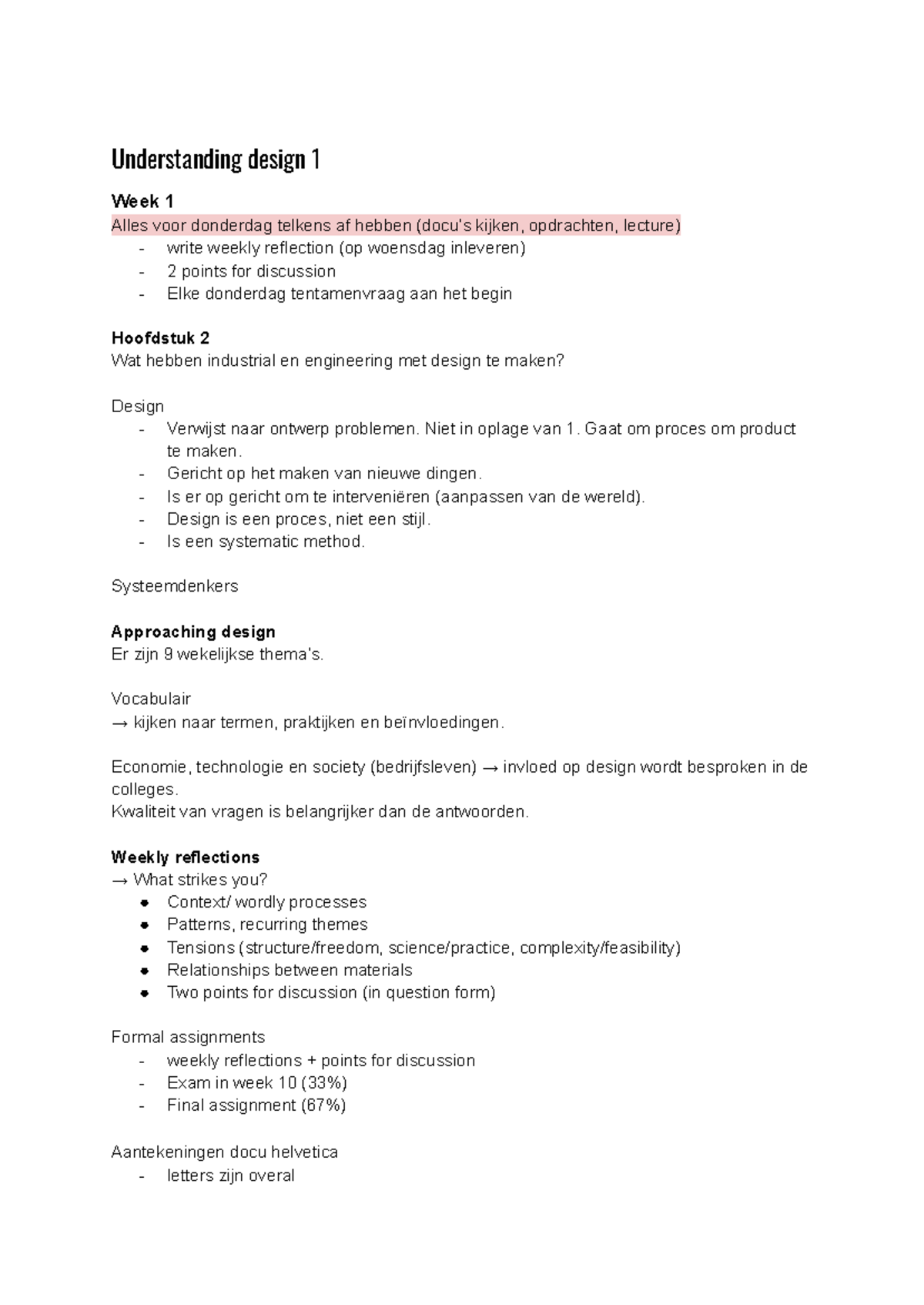 Design 1: Week 1 to 5 Lecture Notes and Reflections (CD101) - Studeersnel