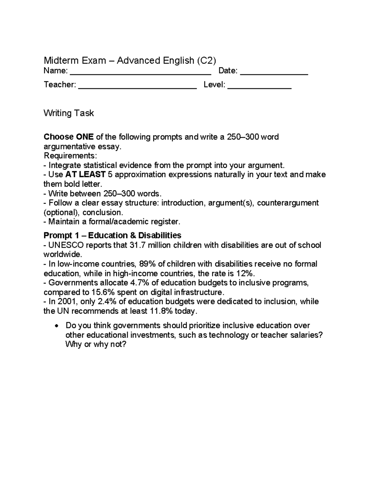 Midterm Exam Essay: Inclusive Education vs. Tech Investment (C2) - Studocu