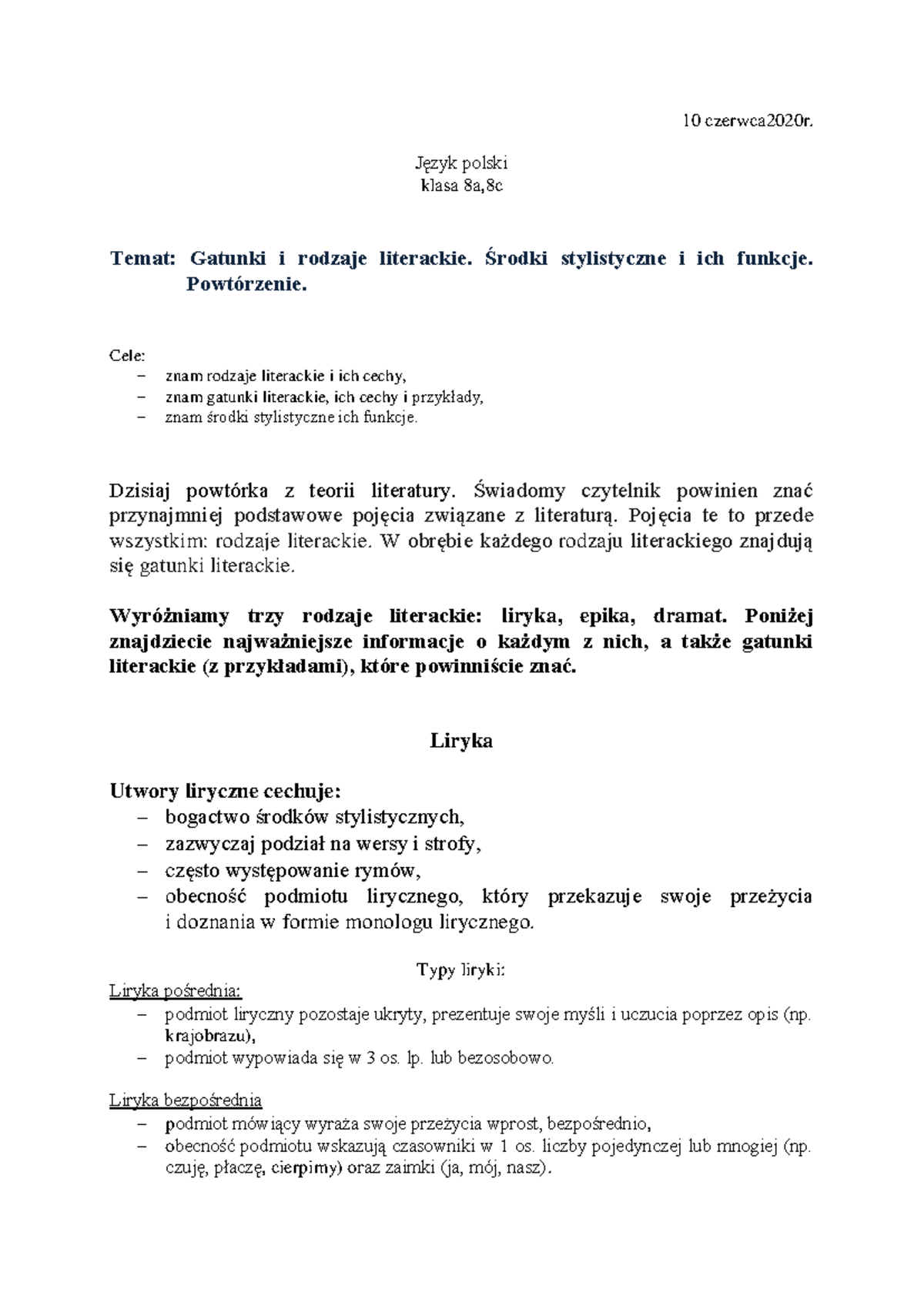 Gatunki literackie w języku polskim - Klasa 8A/8C - Powtórzenie - Studocu